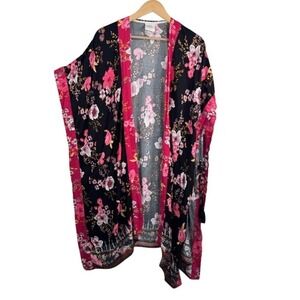 Knox Rose Kimono Cardigan sz M/L Black Pink Floral whimsigoth oriental